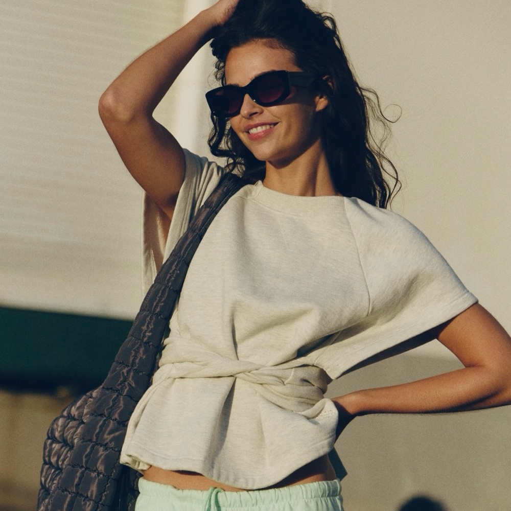 FP Movement by Free People Cream Short Sleeve Tie-Waist Sweatshirt